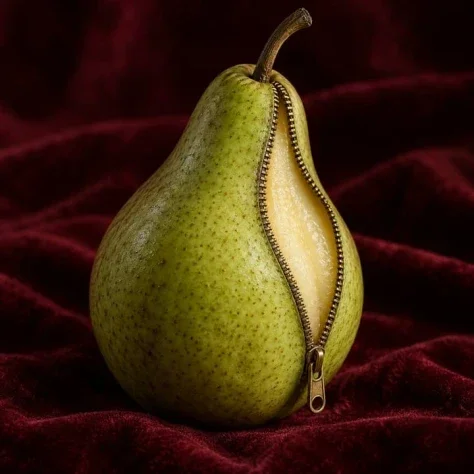 A Green Pear with a Hidden Brass Zipper — Nano Banana 2 AI Prompt: Generate exactly one finished image, never a collage, grid, or multiple variants...