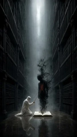 Dark Surrealist Library Archive — GPT Image 2.5 AI Prompt: Create an original psychological dark-surrealist scene in a colossal underground...