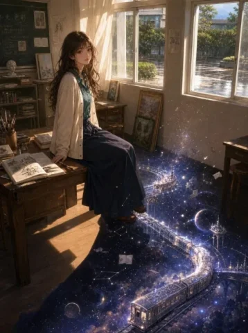 Galaxy Train After School — GPT Image 2.5 AI Prompt: Create a highly detailed vertical anime-style cinematic illustration of a quiet...