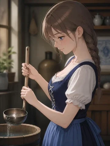 Anime Girl Holding Ladle in Rustic Kitchen — Nano Banana 2 AI Prompt: Create a detailed anime-style illustration of a gentle young woman in a rustic o...