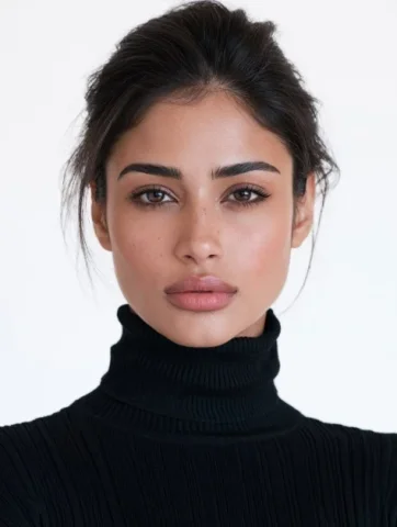 Cinematic South Asian Female Portrait — Nano Banana 2 AI Prompt: A attractive south asian indian female model with a dimorphic round face, aquili...