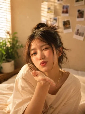Candid Portrait at Golden Hour — Nano Banana 2 AI Prompt: Close-up portrait of a young Asian woman with dark hair in a messy bun with loos...