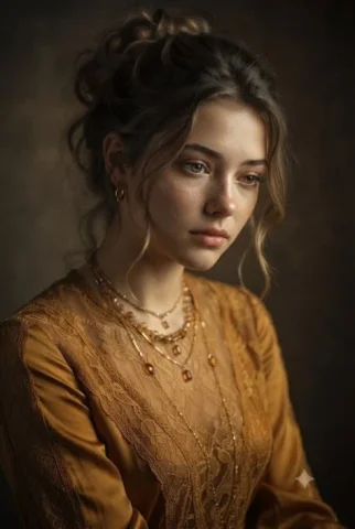 Vintage Mustard Dress Portrait — Nano Banana 2 AI Prompt: A fine-art oil painting style portrait of a young woman with a classic updo hair...