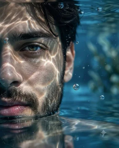 Underwater Macro Face Portrait — Nano Banana 2 AI Prompt: Hyper-realistic, ultra-detailed macro portrait capturing only the left half of a...