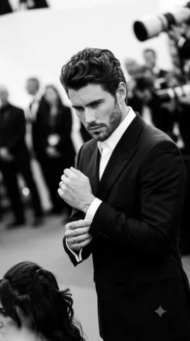 Monochromatic Red Carpet Tuxedo Portrait — Nano Banana 2 AI Prompt: A man stands centrally composed in a medium shot, his body angled in a 45 degree...