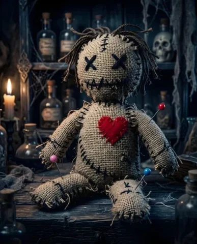Stitched Burlap Voodoo Doll — Nano Banana 2 AI Prompt: A burlap voodoo doll with a red heart stitched in the center. The doll has black...