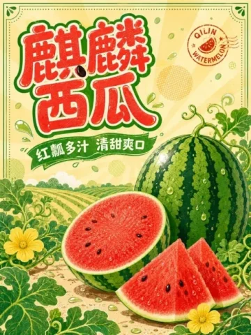 Retro Qilin Watermelon Poster — Nano Banana 2 AI Prompt: 竖版3:4麒麟西瓜主题商业海报，正视平面设计，奶油黄色满版背景，加入低对比浅橙太阳...
