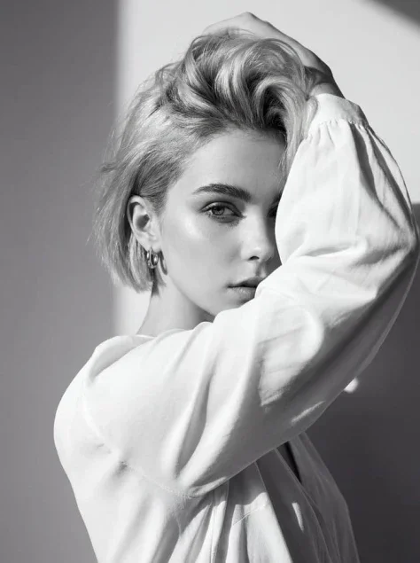 Monochrome High-Fashion White Blouse Portrait