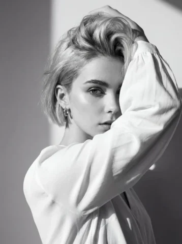 Monochrome High-Fashion White Blouse Portrait — Nano Banana 2 AI Prompt: Use the attached image of the model as facial reference and physical features. B...
