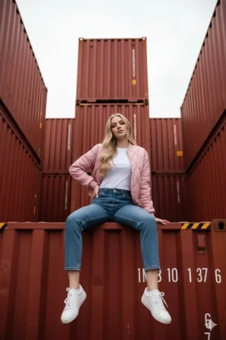 Red Shipping Container Streetwear Portrait — Nano Banana 2 AI Prompt: Use the same face from the reference image without changing facial features {...