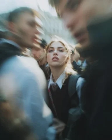 Paparazzi Extreme Close-Up in School Uniform — Nano Banana 2 AI Prompt: Paparazzi-style extreme close-up photo of a woman with striking facial features,...