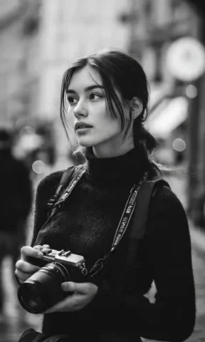 Black-and-White Street Photographer — Nano Banana 2 AI Prompt: A cinematic black-and-white street portrait of a young woman photographer standi...