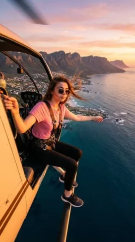 Sunset Helicopter Coastal Adventure — Nano Banana 2 AI Prompt: { "type": "image_generation_prompt", "aspect_ratio": "16:9", "style": "cinematic...