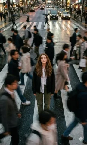 Overhead Crosswalk Crowd Blur — Nano Banana 2 AI Prompt: Cinematic street photography capturing a moment in motion with a crowd blur effe...