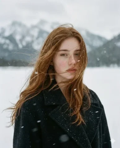 Auburn Hair Snowfield Portrait — Nano Banana 2 AI Prompt: A poetic cinematic portrait of a young woman standing alone in a vast snowy land...