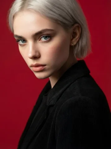 Deep Red Face-Swap Studio Portrait — Nano Banana 2 AI Prompt: { "Ultra-realistic studio portrait of a young woman in a three-quarter profile p...