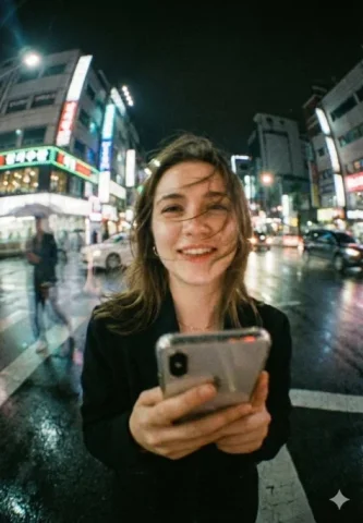 Neon Rain Street Phone Portrait — Nano Banana 2 AI Prompt: { "model": "gemini-nano-banana-pro", "mode": "image", "aspect_ratio": "4:5", "qu...