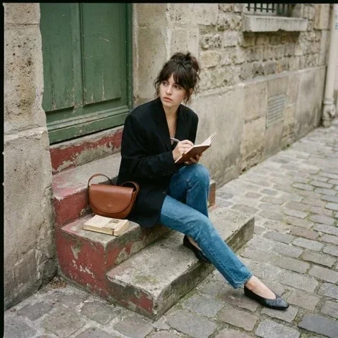 Writer on Old European Steps — Nano Banana 2 AI Prompt: { "image_generation": { "subject": { "description": "young woman sitting on ston...