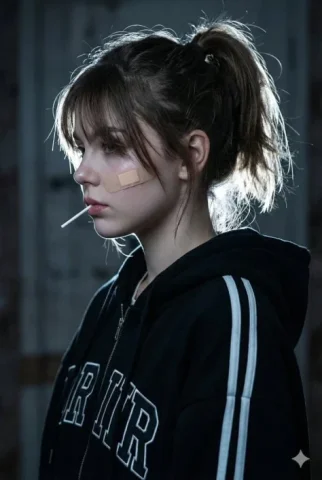 Rebellious Lollipop Side Profile — Nano Banana 2 AI Prompt: ​A cinematic close-up side profile portrait of a young woman with a rebellious,...