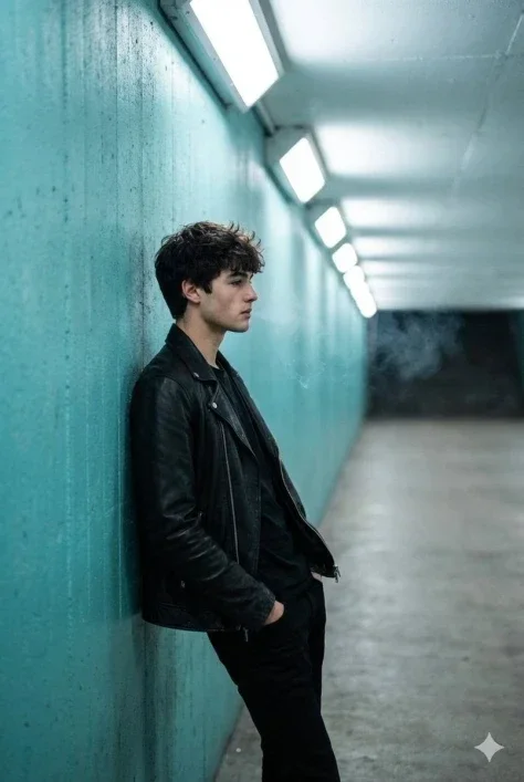 Leather Jacket Man in Turquoise Tunnel