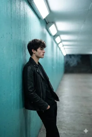 Leather Jacket Man in Turquoise Tunnel — Nano Banana 2 AI Prompt: A full shot captures a young man in profile, leaning against a textured turquois...