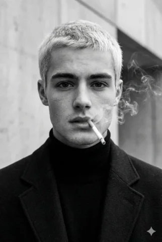 Monochrome Cigarette Menswear Editorial — Nano Banana 2 AI Prompt: Ultra-realistic fashion black and white portrait of a man with short light hair,...