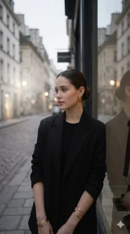 Black Blazer European Street Editorial — Nano Banana 2 AI Prompt: Elegant woman with dark hair in a sleek bun, wearing a structured oversized blac...