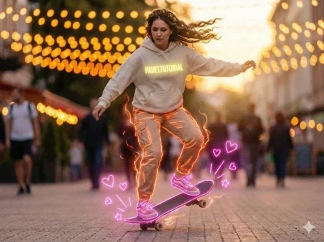 Neon Skateboard Dusk Street Portrait — Nano Banana 2 AI Prompt: A HYPER-REALISTIC, 8K, MEDIUM SHOT CAPTURED WITH A WIDE-ANGLE LENS FROM A SLIGHT...