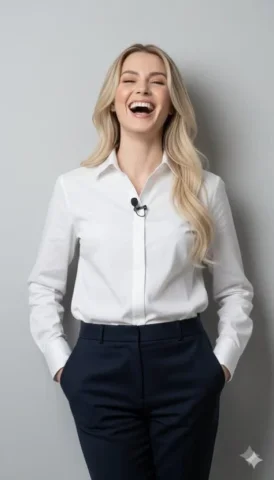Joyful White Shirt Studio Portrait — Nano Banana 2 AI Prompt: { "action": "image_generation", "action_input": { "prompt": "A high-detail, 8K c...