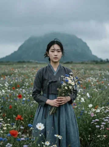 Misty Mountain Hanbok Wildflower Portrait — Nano Banana 2 AI Prompt: Ultra-realistic cinematic portrait of a young East Asian woman standing alone in...