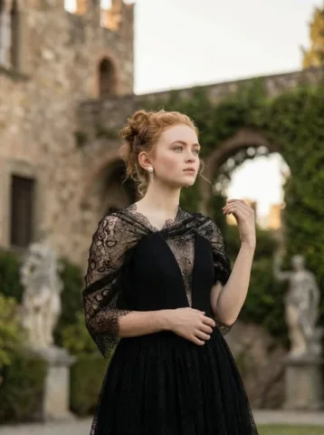 Sadie Sink European Castle Lace Portrait — Nano Banana 2 AI Prompt: { "subject": { "character": "Sadie Sink", "age_range": "early to mid 20s", "skin...