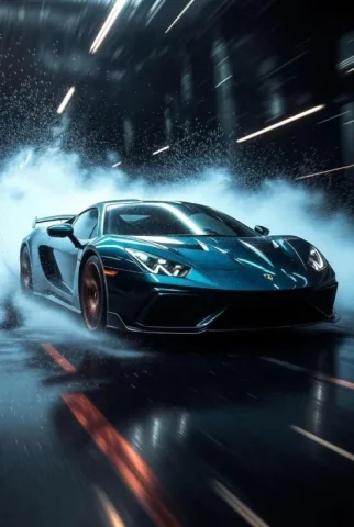 Rain-Mist Luxury Sports Car Ad — Nano Banana 2 AI Prompt: Hyper-realistic cinematic product photograph of a luxury sports car front three-...