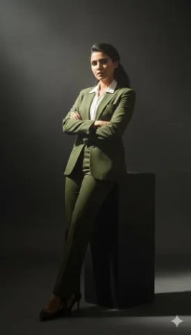 Olive Suit Chiaroscuro Studio Portrait — Nano Banana 2 AI Prompt: { "prompt": "Cinematic full-body studio portrait of a subject using the uploaded...