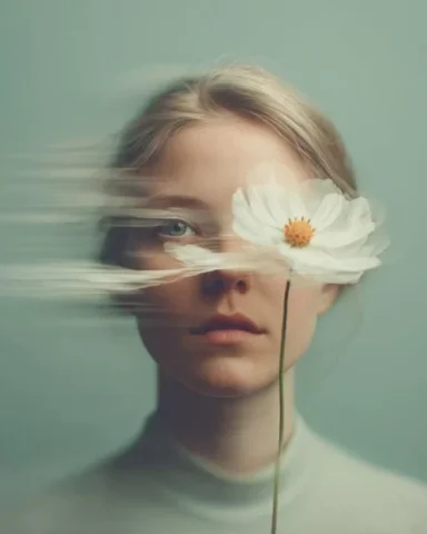 Dreamy Slow-Shutter Floral Portrait — Nano Banana 2 AI Prompt: Ultra-realistic fine-art portrait of a young woman with soft natural features, m...