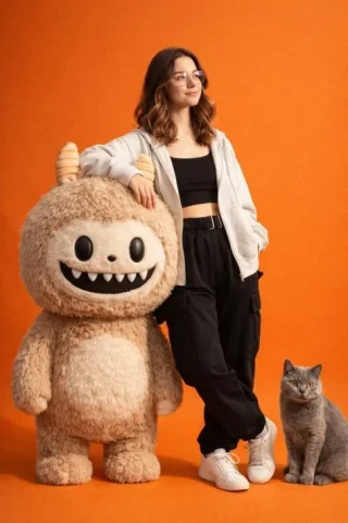 Orange Studio Labubu and Cat — Nano Banana 2 AI Prompt: Create a hyper-realistic, high-detail studio photoshoot featuring the same perso...