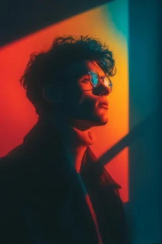 Geometric Color-Light Profile — Nano Banana 2 AI Prompt: Cinematic portrait of a stylish young person wearing round glasses, standing bes...