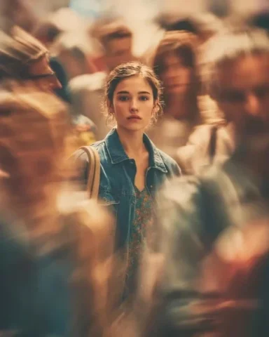 Still Subject Motion Crowd — Nano Banana 2 AI Prompt: Cinematic portrait of a young person standing still in the middle of a busy crow...