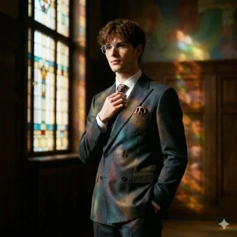 Stained-Glass Retro Suit — Nano Banana 2 AI Prompt: Shot on a Hasselblad 907X 50C with an XCD 90mm f/2.5 lens, aperture f/2.8 shallo...