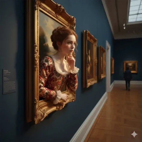 Woman Emerging from Golden Frame — Nano Banana 2 AI Prompt: A surreal, ultra-realistic scene of a young woman emerging from an ornate golden...