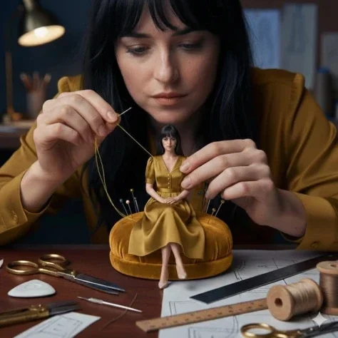 Miniature Tailoring Double — Nano Banana 2 AI Prompt: A cinematic fashion studio scene of a woman hand-sewing a miniature dress worn b...