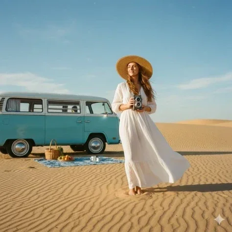 Desert Camper Bohemian Travel — Nano Banana 2 AI Prompt: A wide shot of a woman in an airy white linen maxi dress and a wide-brimmed stra...