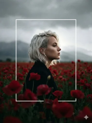 Crimson Field Framed Profile — Nano Banana 2 AI Prompt: A cinematic, high-contrast profile portrait of a woman with short, platinum-blon...
