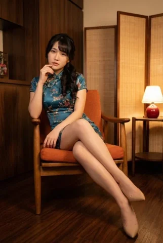 Cheongsam-Inspired Interior Chair Portrait — Nano Banana 2 AI Prompt: { "subject": { "description": "A young adult woman sits elegantly in a wooden ar...