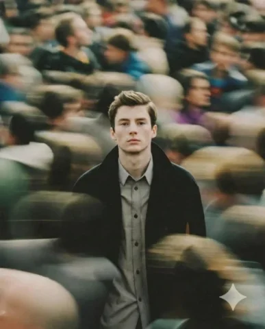 Long-Exposure Urban Crowd Portrait — Nano Banana 2 AI Prompt: A cinematic portrait of a young man standing still in the middle of a busy crowd...