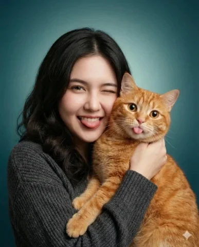 Playful Woman and Orange Tabby Studio Portrait — Nano Banana 2 AI Prompt: A heartwarming studio portrait of a young woman holding a cute orange tabby cat...