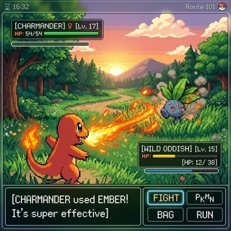 Classic Gameboy Pokemon-Inspired Pixel Battle — Nano Banana 2 AI Prompt: inspired by a classic pokemon gameboy screenshot but it's highly detailed beauti...