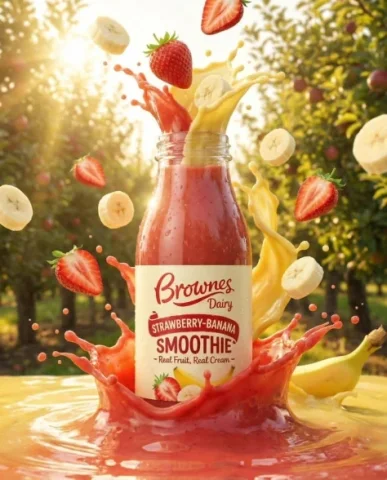 Premium Fruit Drink Splash Ad — Nano Banana 2 AI Prompt: Ultra-realistic product ad of a premium fruit drink bottle, dynamic liquid splas...
