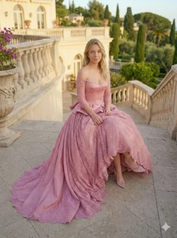 Dusty Mauve Villa Ball Gown Portrait — Nano Banana 2 AI Prompt: { "subject": { "identity": "Sydney Sweeney", "hair": "Wavy blonde, styled cas...