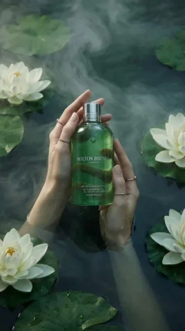 Luxury Lotus Bath Gel Product Ad — Nano Banana 2 AI Prompt: Luxury product photography of a green translucent bath and shower gel bottle hel...
