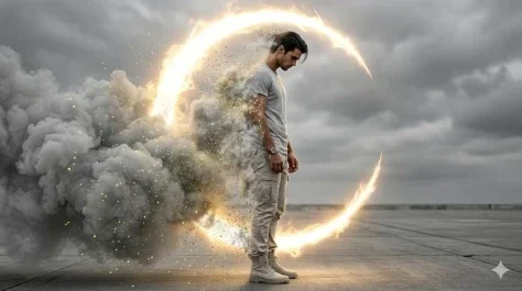 Golden Energy Disintegration Portrait — Nano Banana 2 AI Prompt: Create an ultra-realistic, cinematic 8K image with high-contrast dramatic lighti...